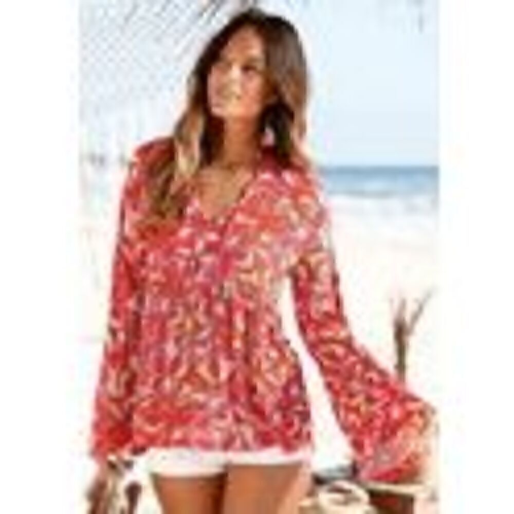 Lascana for Venus Large Printed Bell Sleeve Top Pink Multicolored Women's Medium